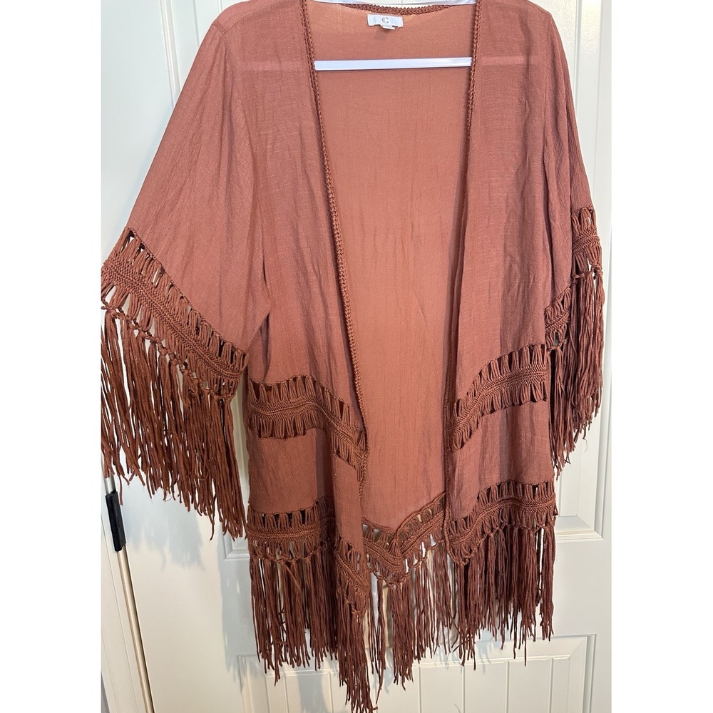 CC Crochet Fringe Cardigan Kimono Boho Tassel festival open front Sz M Resort